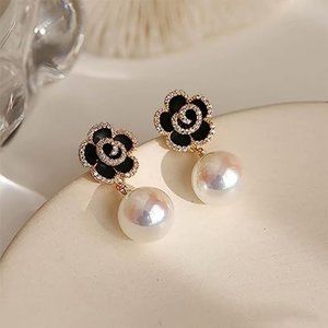 Andelaisi Boho Black Crystal Flower  Vintage CZ Flower Pearl Dangle Earrings